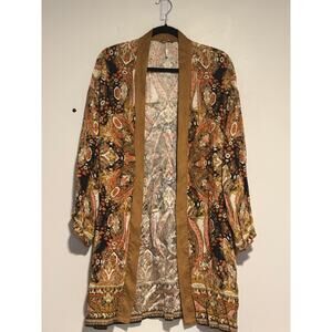 Free People Boho‎ Paisley Kimono Cardigan XS Longline Open Front Duster